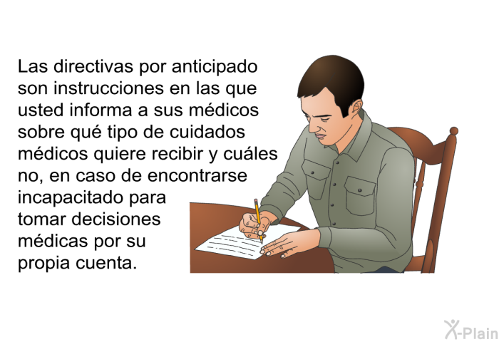 Las directivas por anticipado son instrucciones en las que usted informa a sus mdicos sobre qu tipo de cuidados mdicos quiere recibir y cules no, en caso de encontrarse incapacitado para tomar decisiones mdicas por su propia cuenta.