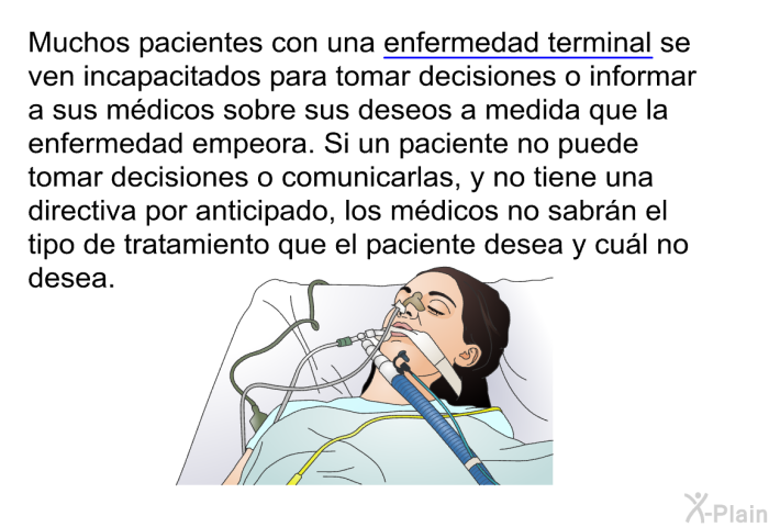 Muchos pacientes con una enfermedad terminal se ven incapacitados para tomar decisiones o informar a sus mdicos sobre sus deseos a medida que la enfermedad empeora. Si un paciente no puede tomar decisiones o comunicarlas, y no tiene una directiva por anticipado, los mdicos no sabrn el tipo de tratamiento que el paciente desea y cul no desea.