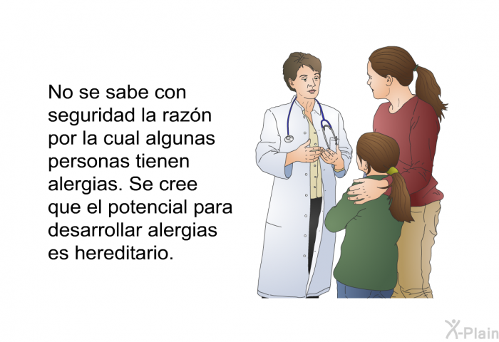 No se sabe con seguridad la razn por la cual algunas personas tienen alergias. Se cree que el potencial para desarrollar alergias es hereditario.