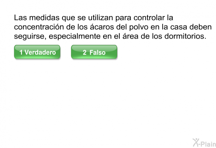 Las medidas que se utilizan para controlar la concentracin de los caros del polvo en la casa deben seguirse, especialmente en el rea de los dormitorios.