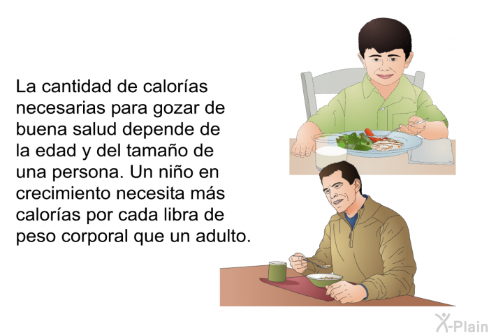 La cantidad de caloras necesarias para gozar de buena salud depende de la edad y del tamao de una persona. Un nio en crecimiento necesita ms caloras por cada libra de peso corporal que un adulto.