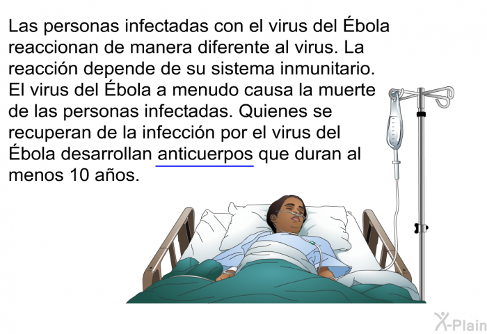 Las personas infectadas con el virus del Ébola reaccionan de manera diferente al virus. La reaccin depende de su sistema inmunitario. El virus del Ébola a menudo causa la muerte de las personas infectadas. Quienes se recuperan de la infeccin por el virus del Ébola desarrollan anticuerpos que duran al menos 10 aos.
