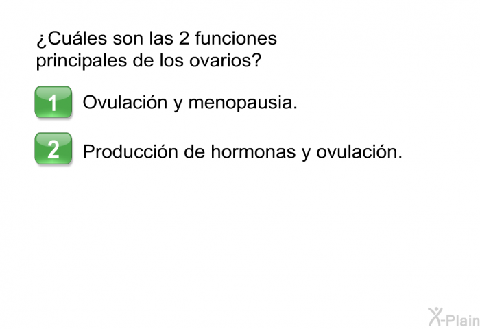 ¿Cules son las 2 funciones principales de los ovarios?  Ovulacin y menopausia. Produccin de hormonas y ovulacin.