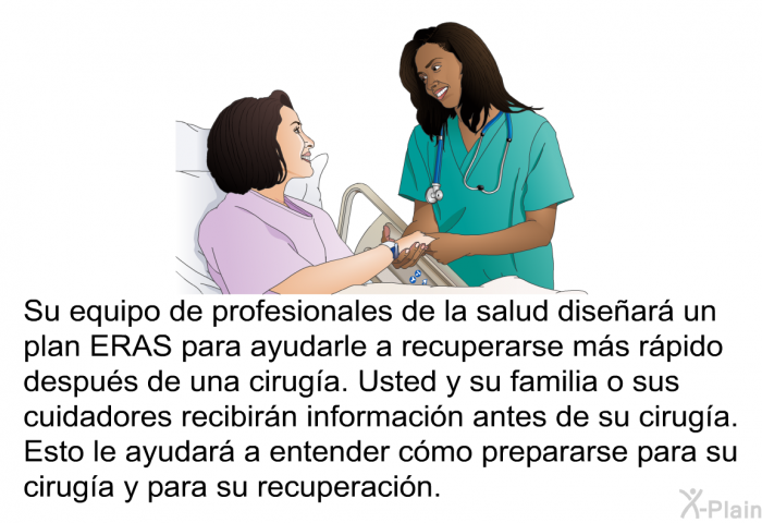 Su equipo de profesionales de la salud disear un plan ERAS para ayudarle a recuperarse ms rpido despus de una ciruga. Usted y su familia o sus cuidadores recibirn informacin antes de su ciruga. Esto le ayudar a entender cmo prepararse para su ciruga y para su recuperacin.