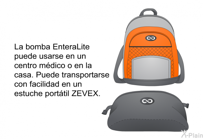 La bomba EnteraLite puede usarse en un centro mdico o en la casa. Puede transportarse con facilidad en un estuche porttil ZEVEX.