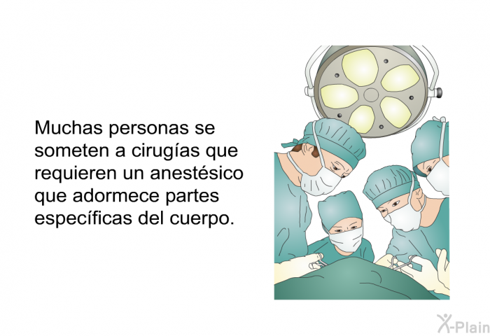 Muchas personas se someten a cirugas que requieren un anestsico que adormece partes especficas del cuerpo.