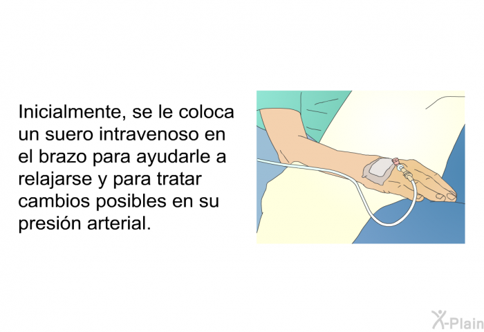 Inicialmente, se le coloca un suero intravenoso en el brazo para ayudarle a relajarse y para tratar cambios posibles en su presin arterial.