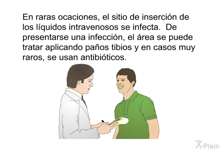 En raras ocaciones, el sitio de insercin de los lquidos intravenosos se infecta. De presentarse una infeccin, el rea se puede tratar aplicando paos tibios y en casos muy raros, se usan antibiticos.