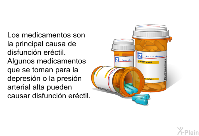 Los medicamentos son la principal causa de disfuncin erctil. Algunos medicamentos que se toman para la depresin o la presin arterial alta pueden causar disfuncin erctil.