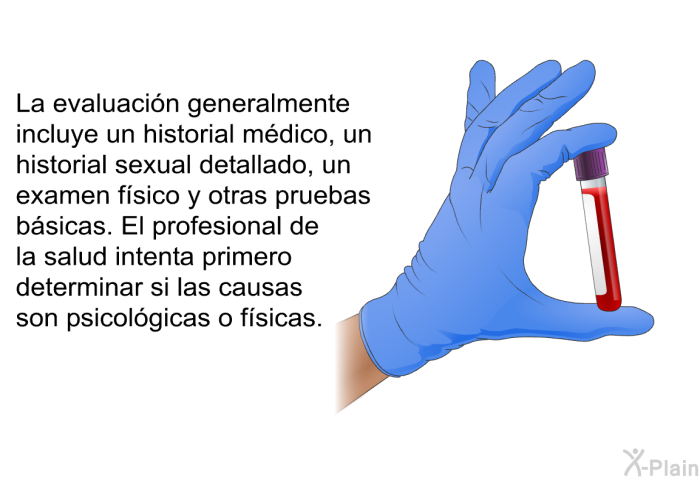 La evaluaci�n generalmente incluye un historial m�dico, un historial sexual detallado, un examen f�sico y otras pruebas b�sicas. El profesional de la salud intenta primero determinar si las causas son psicol�gicas o f�sicas.