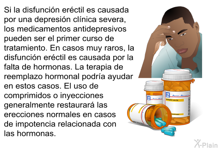 Si la disfunci�n er�ctil es causada por una depresi�n cl�nica severa, los medicamentos antidepresivos pueden ser el primer curso de tratamiento. En casos muy raros, la disfunci�n er�ctil es causada por la falta de hormonas. La terapia de reemplazo hormonal podr�a ayudar en estos casos. El uso de comprimidos o inyecciones generalmente restaurar� las erecciones normales en casos de impotencia relacionada con las hormonas.