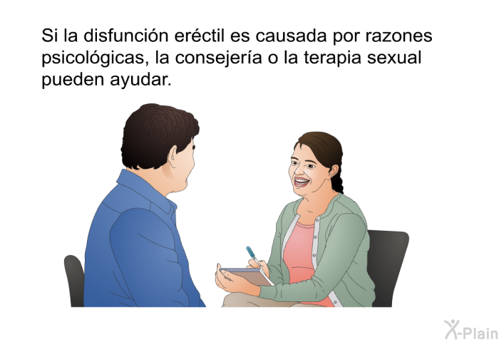 Si la disfunci�n er�ctil es causada por razones psicol�gicas, la consejer�a o la terapia sexual pueden ayudar.