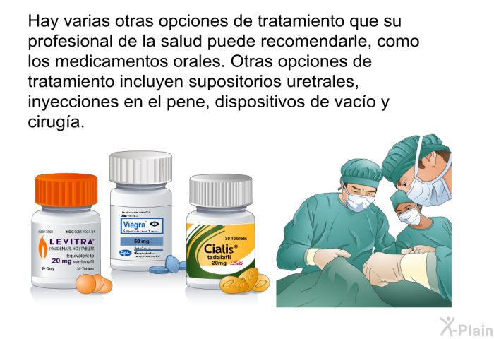 Hay varias otras opciones de tratamiento que su profesional de la salud puede recomendarle, como los medicamentos orales. Otras opciones de tratamiento incluyen supositorios uretrales, inyecciones en el pene, dispositivos de vac�o y cirug�a.