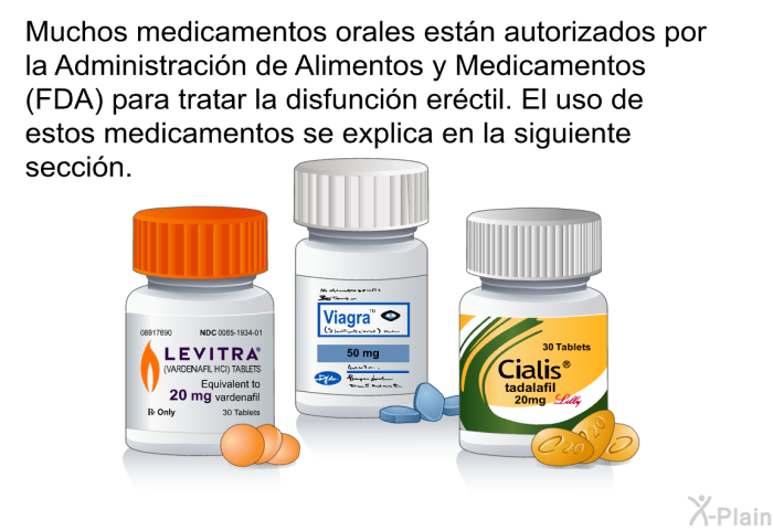 Muchos medicamentos orales est�n autorizados por la Administraci�n de Alimentos y Medicamentos (FDA) para tratar la disfunci�n er�ctil. El uso de estos medicamentos se explica en la siguiente secci�n.