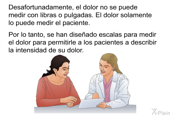 Desafortunadamente , el dolor no se puede medir con libras o pulgadas. El dolor solamente lo puede medir el paciente. Por lo tanto, se han diseado escalas para medir el dolor para permitirle a los pacientes a describir la intensidad de su dolor.