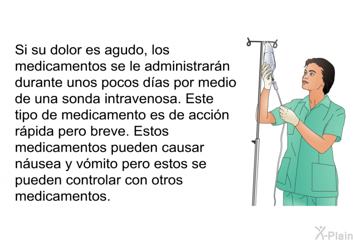 Si su dolor es agudo, los medicamentos se le administrar�n durante unos pocos d�as por medio de una sonda intravenosa. Este tipo de medicamento es de acci�n r�pida pero breve. Estos medicamentos pueden causar n�usea y v�mito pero estos se pueden controlar con otros medicamentos.
