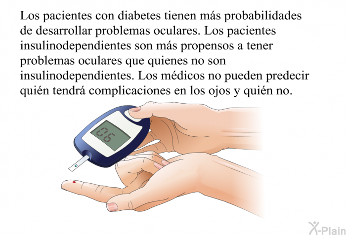 Los pacientes con diabetes tienen ms probabilidades de desarrollar problemas oculares. Los pacientes insulinodependientes son ms propensos a tener problemas oculares que quienes no son insulinodependientes. Los mdicos no pueden predecir quin tendr complicaciones en los ojos y quin no.