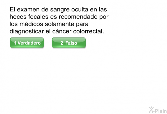 El examen de sangre oculta en las heces fecales es recomendado por los mdicos solamente para diagnosticar el cncer colorrectal.