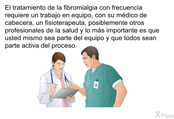 El tratamiento de la fibromialgia con frecuencia requiere un trabajo en equipo, con su mdico de cabecera, un fisioterapeuta, posiblemente otros profesionales de la salud y lo ms importante es que usted mismo sea parte del equipo y que todos sean parte activa del proceso.