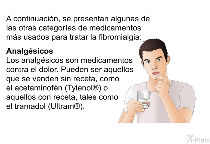 A continuacin, se presentan algunas de las otras categoras de medicamentos ms usados para tratar la fibromialgia: <B>Analgsicos:</B> Los analgsicos son medicamentos contra el dolor. Pueden ser aquellos que se venden sin receta, como el acetaminofn (Tylenol ) o aquellos con receta, tales como el tramadol (Ultram ).