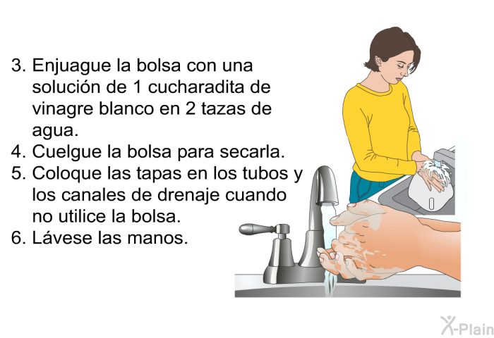 Enjuague la bolsa con una solucin de 1 cucharadita de vinagre blanco en 2 tazas de agua.  Cuelgue la bolsa para secarla.  Coloque las tapas en los tubos y los canales de drenaje cuando no utilice la bolsa.  Lvese las manos.