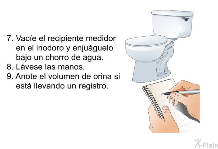 Vace el recipiente medidor en el inodoro y enjuguelo bajo un chorro de agua. Lvese las manos. Anote el volumen de orina si est llevando un registro.