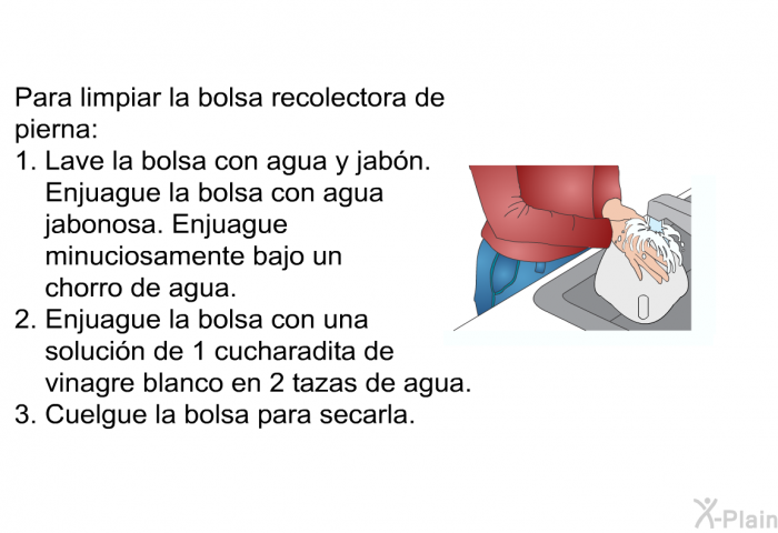 Para limpiar la bolsa recolectora de pierna:  Lave la bolsa con agua y jabn. Enjuague la bolsa con agua jabonosa. Enjuague minuciosamente bajo un chorro de agua.  Enjuague la bolsa con una solucin de 1 cucharadita de vinagre blanco en 2 tazas de agua.  Cuelgue la bolsa para secarla.