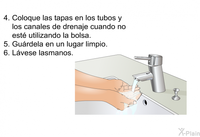Coloque las tapas en los tubos y los canales de drenaje cuando no est utilizando la bolsa.  Gurdela en un lugar limpio.  Lvese lasmanos.