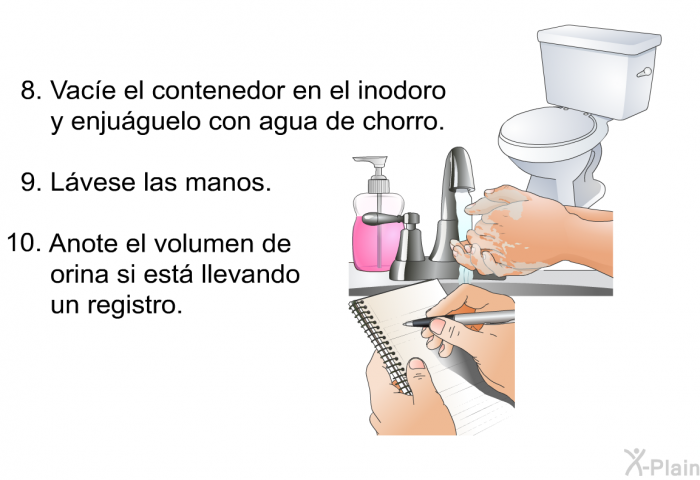 Vac�e el contenedor en el inodoro y enju�guelo con agua de chorro.  L�vese las manos.  Anote el volumen de orina si est� llevando un registro.