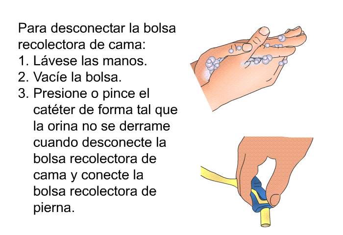 Para desconectar la bolsa recolectora de cama:  L�vese las manos. Vac�e la bolsa.  Presione o pince el cat�ter de forma tal que la orina no se derrame cuando desconecte la bolsa recolectora de cama y conecte la bolsa recolectora de pierna.