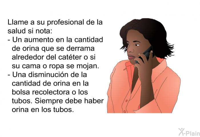 Llame a su profesional de la salud si nota:   Un aumento en la cantidad de orina que se derrama alrededor del cat�ter o si su cama o ropa se mojan. Una disminuci�n de la cantidad de orina en la bolsa recolectora o los tubos. Siempre debe haber orina en los tubos.