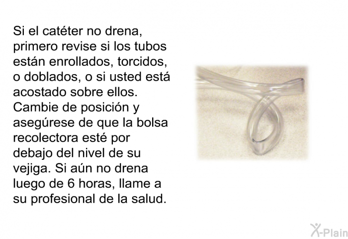 Si el cat�ter no drena, primero revise si los tubos est�n enrollados, torcidos, o doblados, o si usted est� acostado sobre ellos. Cambie de posici�n y aseg�rese de que la bolsa recolectora est� por debajo del nivel de su vejiga. Si a�n no drena luego de 6 horas, llame a su profesional de la salud.