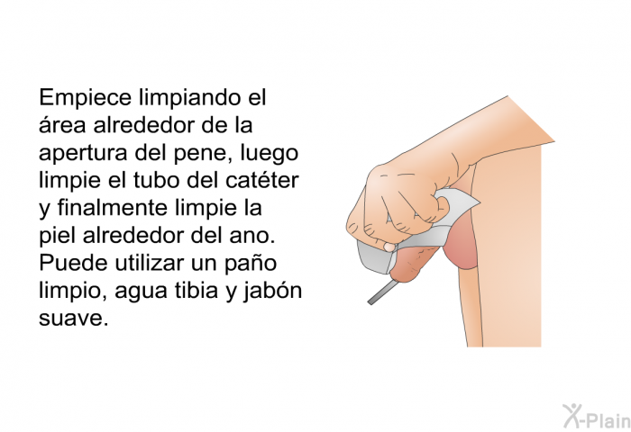 Empiece limpiando el �rea alrededor de la apertura del pene, luego limpie el tubo del cat�ter y finalmente limpie la piel alrededor del ano. Puede utilizar un pa�o limpio, agua tibia y jab�n suave.
