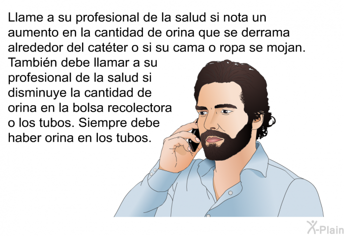 Llame a su profesional de la salud si nota un aumento en la cantidad de orina que se derrama alrededor del cat�ter o si su cama o ropa se mojan. Tambi�n debe llamar a su profesional de la salud si disminuye la cantidad de orina en la bolsa recolectora o los tubos. Siempre debe haber orina en los tubos.