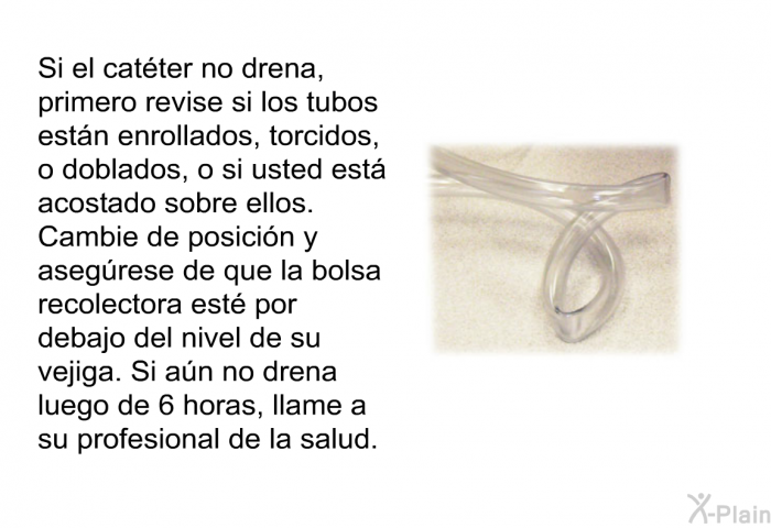 Si el cat�ter no drena, primero revise si los tubos est�n enrollados, torcidos, o doblados, o si usted est� acostado sobre ellos. Cambie de posici�n y aseg�rese de que la bolsa recolectora est� por debajo del nivel de su vejiga. Si a�n no drena luego de 6 horas, llame a su profesional de la salud.