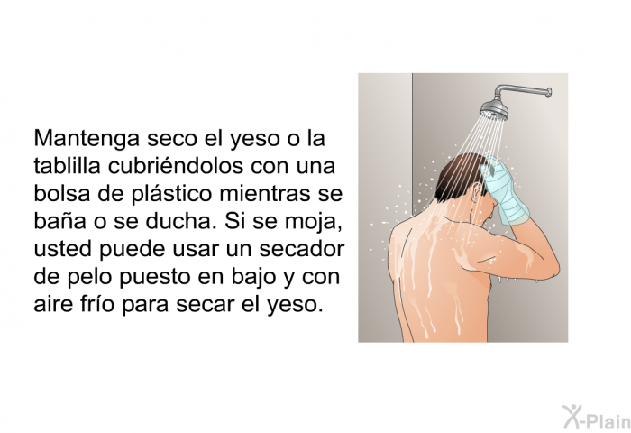 Mantenga seco el yeso o la tablilla cubrindolos con una bolsa de plstico mientras se baa o se ducha. Si se moja, usted puede usar un secador de pelo puesto en bajo y con aire fro para secar el yeso.