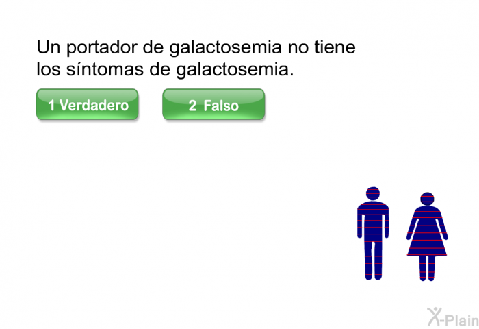 Un portador de galactosemia no tiene los sntomas de galactosemia. Presione Verdadero o Falso.