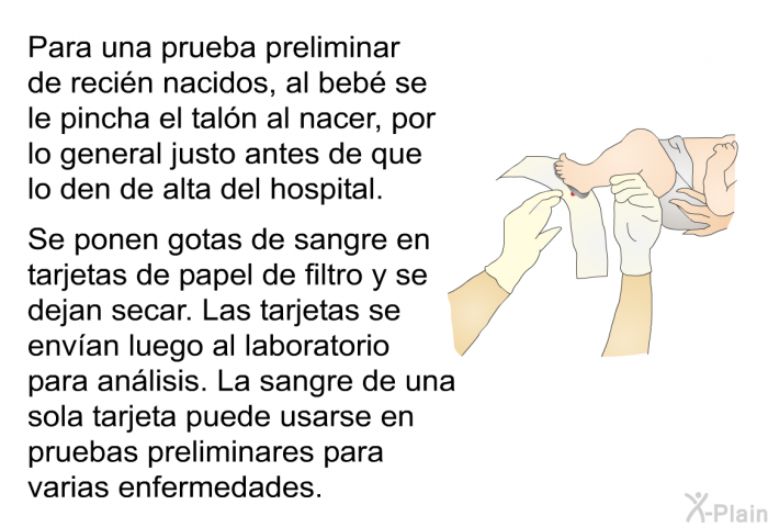 Para una prueba preliminar de reci�n nacidos, al beb� se le pincha el tal�n al nacer, por lo general justo antes de que lo den de alta del hospital. Se ponen gotas de sangre en tarjetas de papel de filtro y se dejan secar. Las tarjetas se env�an luego al laboratorio para an�lisis. La sangre de una sola tarjeta puede usarse en pruebas preliminares para varias enfermedades.