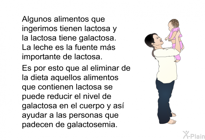 Algunos alimentos que ingerimos tienen lactosa y la lactosa tiene galactosa. La leche es la fuente ms importante de lactosa. Es por esto que al eliminar de la dieta aquellos alimentos que contienen lactosa se puede reducir el nivel de galactosa en el cuerpo y as ayudar a las personas que padecen de galactosemia,.