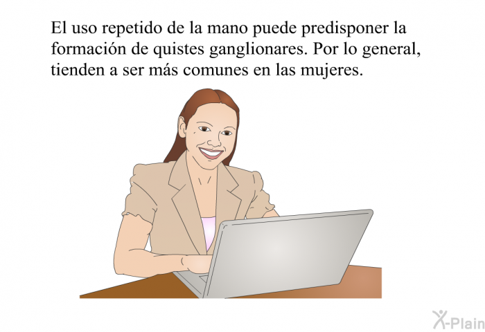 El uso repetido de la mano puede predisponer la formacin de quistes ganglionares. Por lo general, tienden a ser ms comunes en las mujeres.