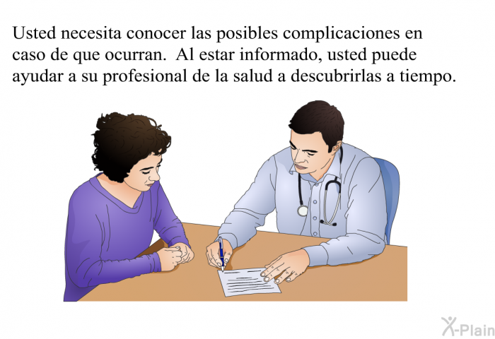 Usted necesita conocer las posibles complicaciones en caso de que ocurran. Al estar informado, usted puede ayudar a su profesional de la salud a descubrirlas a tiempo.