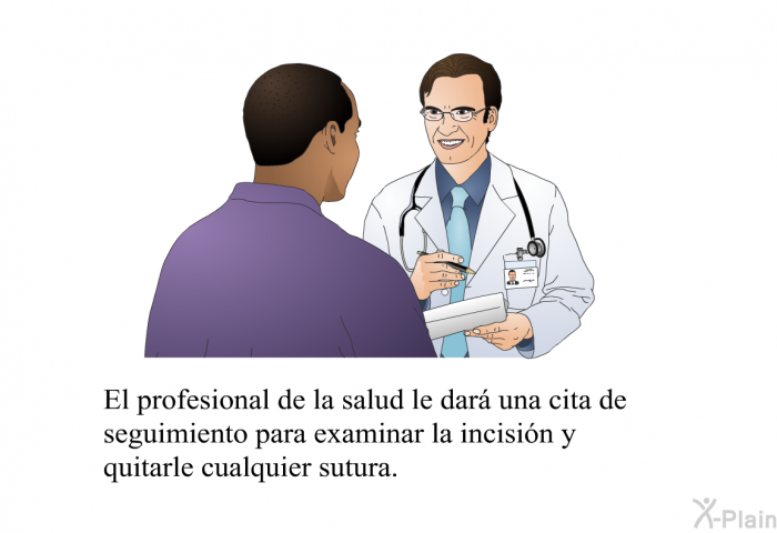 El profesional de la salud le dar una cita de seguimiento para examinar la incisin y quitarle cualquier sutura.