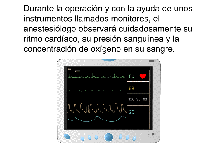 Durante la operacin y con la ayuda de unos instrumentos llamados monitores, el anestesilogo observar cuidadosamente su ritmo cardaco, su presin sangunea y la concentracin de oxgeno en su sangre.