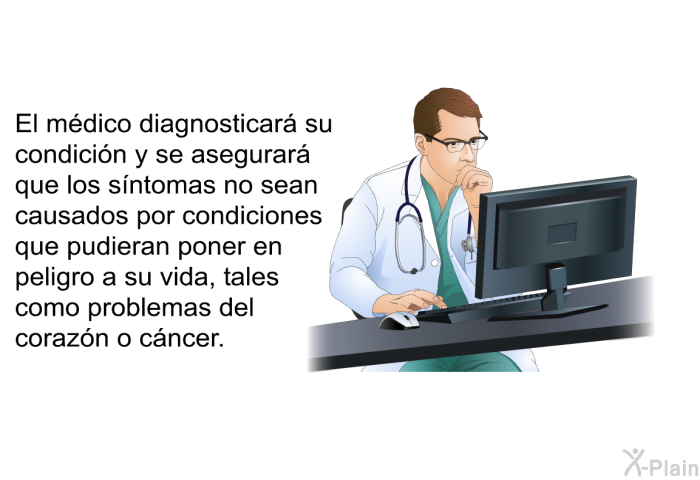 El mdico diagnosticar su condicin y se asegurar que los sntomas no sean causados por condiciones que pudieran poner en peligro a su vida, tales como problemas del corazn o cncer.