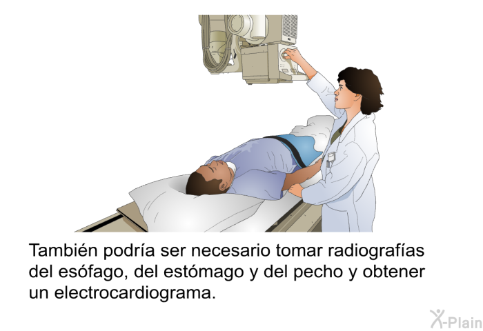 Tambin podra ser necesario tomar radiografas del esfago, del estmago y del pecho y obtener un electrocardiograma.