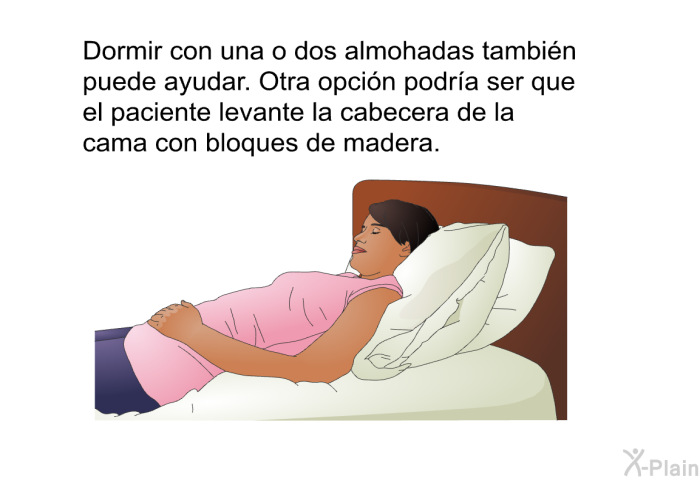 Dormir con una o dos almohadas tambin puede ayudar. Otra opcin podra ser que el paciente levante la cabecera de la cama con bloques de madera.