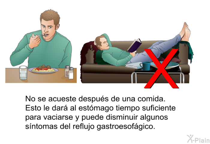 No se acueste despus de una comida. Esto le dar al estmago tiempo suficiente para vaciarse y puede disminuir algunos sntomas del reflujo gastroesofgico.