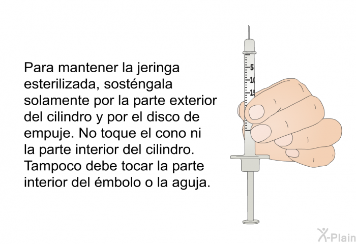 Para mantener la jeringa esterilizada, sostngala solamente por la parte exterior del cilindro y por el disco de empuje. No toque el cono ni la parte interior del cilindro. Tampoco debe tocar la parte interior del mbolo o la aguja.