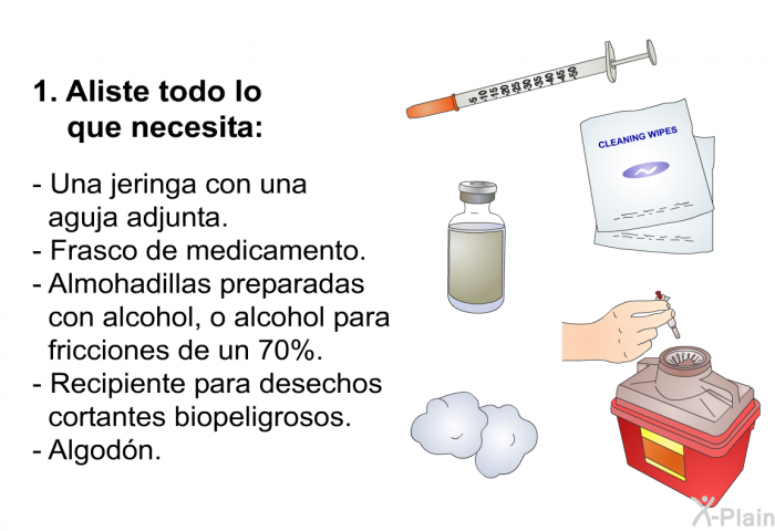 Aliste todo lo que necesita:    Una jeringa con una aguja adjunta. Frasco de medicamento. Almohadillas preparadas con alcohol, o alcohol para fricciones de un 70%. Recipiente para desechos cortantes biopeligrosos. Algodn.