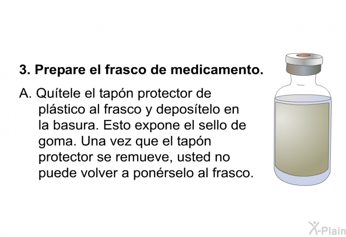 Prepare el frasco de medicamento. Qutele el tapn protector de plstico al frasco y depostelo en la basura. Esto expone el sello de goma. Una vez que el tapn protector se remueve, usted no puede volver a ponrselo al frasco.